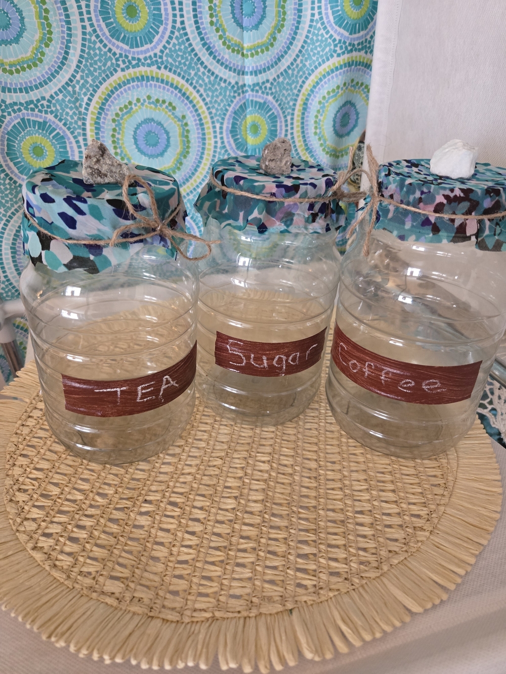 4$/15 Coastal Cabin Tea Sugar Coffee Canister Set Teal Patterned Lids Crystals